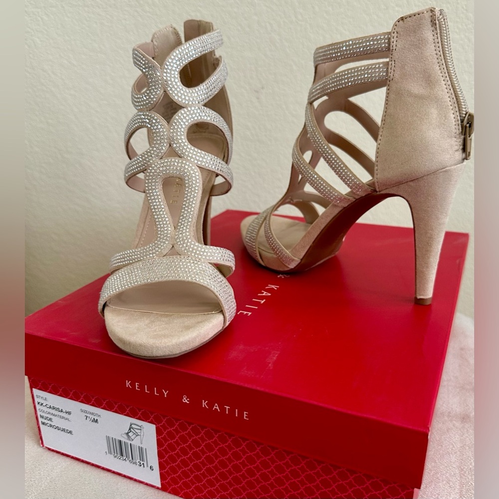 New in box, Kelly & Katie cream microsuede rhinestone 3.5” heels.